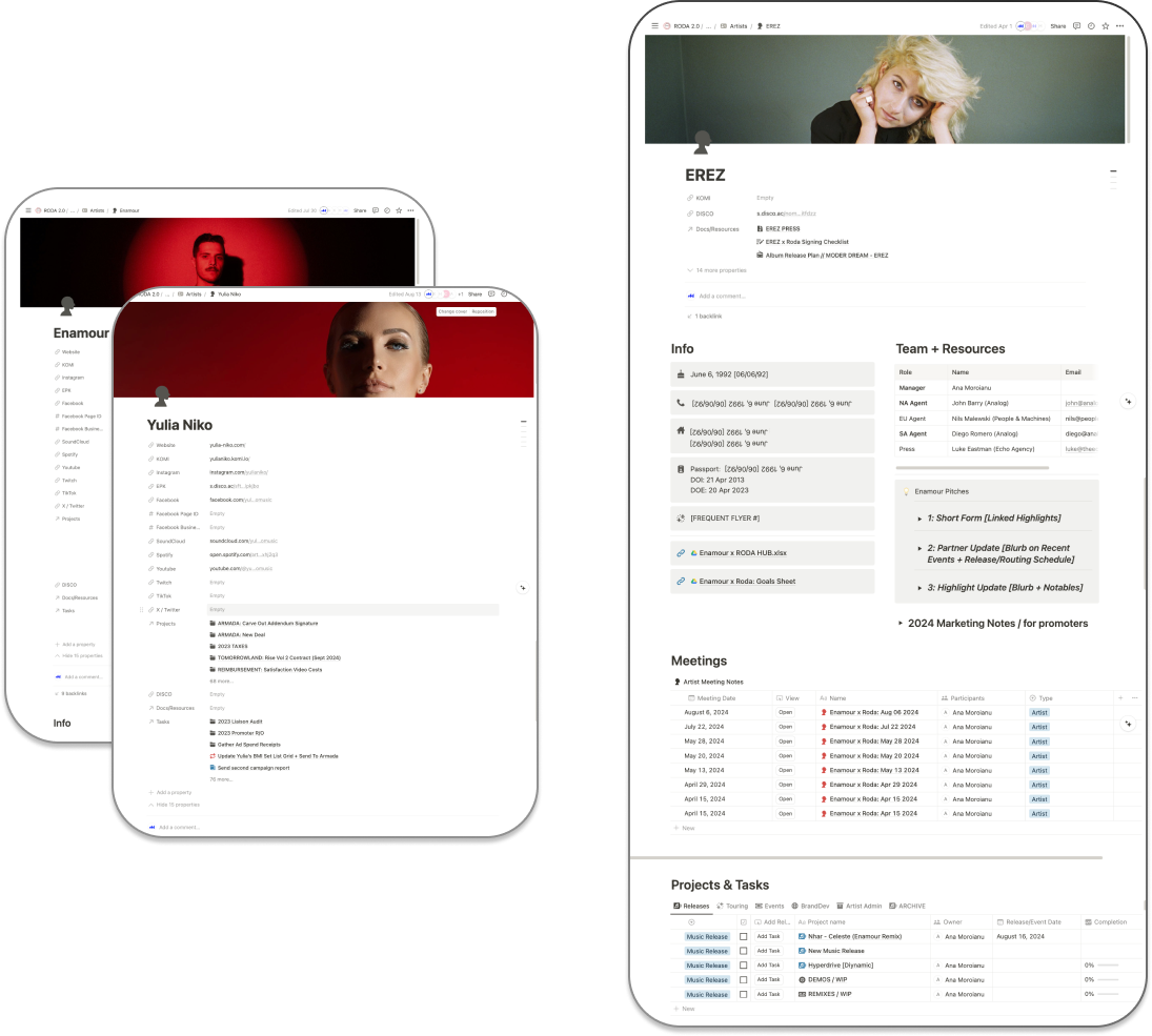 Three tablet screens displaying individualized artist pages in the custom Notion workspace, featuring profiles for artists Enamour, Yulia Niko, and EREZ, showcasing detailed information, team resources, meeting notes, and project tasks.
